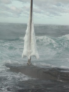 ice on a mast on Mount Desert Rock from run up and splash; ocean water_MDR_GulfofMaine_Jan2014